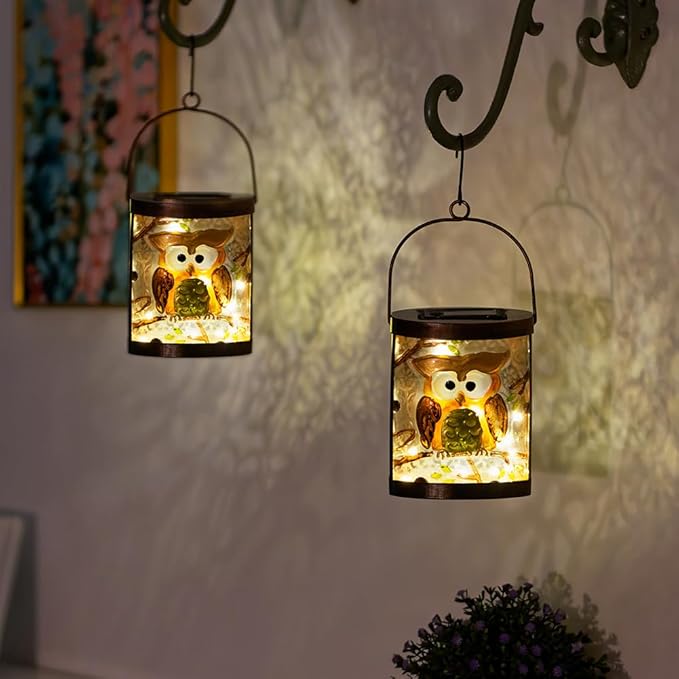 2 Pack Owl Solar Lanterns Outdoor Waterproof, Hanging Glass Solar Lantern with LED Light for Garden Yard