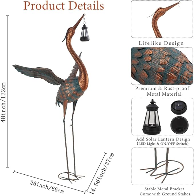 48'' Heron Garden Statue, Large Crane Outdoor Statue with Solar Lantern, Crane Bird Metal Yard Art for Outside Backyard, Pond, Porch Decor