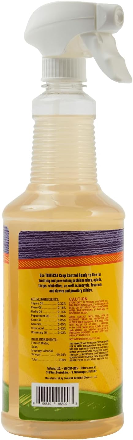 Trifecta Crop Control Ready to Use Maximum Strength Natural Pesticide, Fungicide, Miticide, Insecticide, Help Defeat Spider Mites, Powdery Mildew, Botrytis and Mold on Plants 32 OZ Size