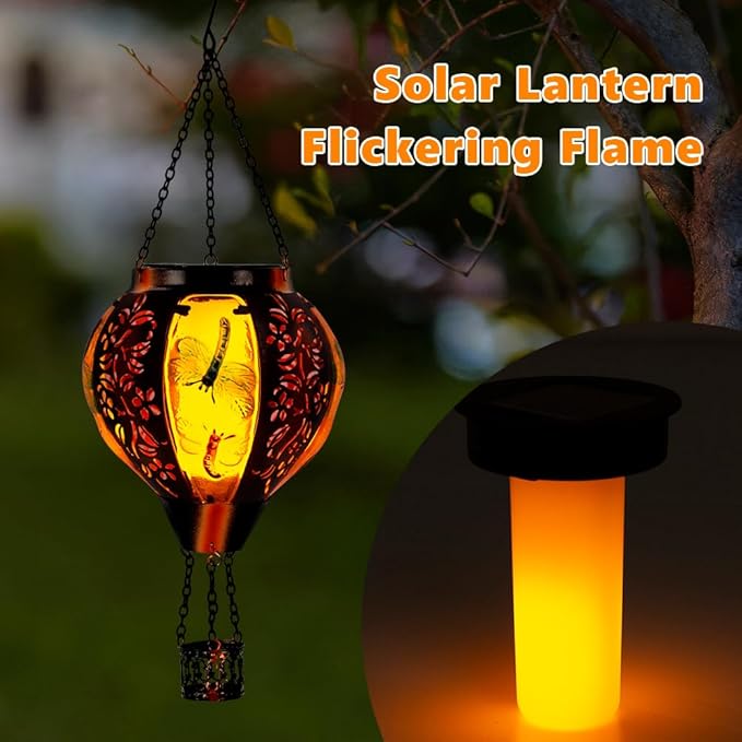 Dragonfly Solar Hot Air Balloon Lantern with Flame, Light Solar Outdoor Lantern Hanging Lanterns Decor for Garden Yard Patio, Dragonfly Gifts for Women Mom Grandmom