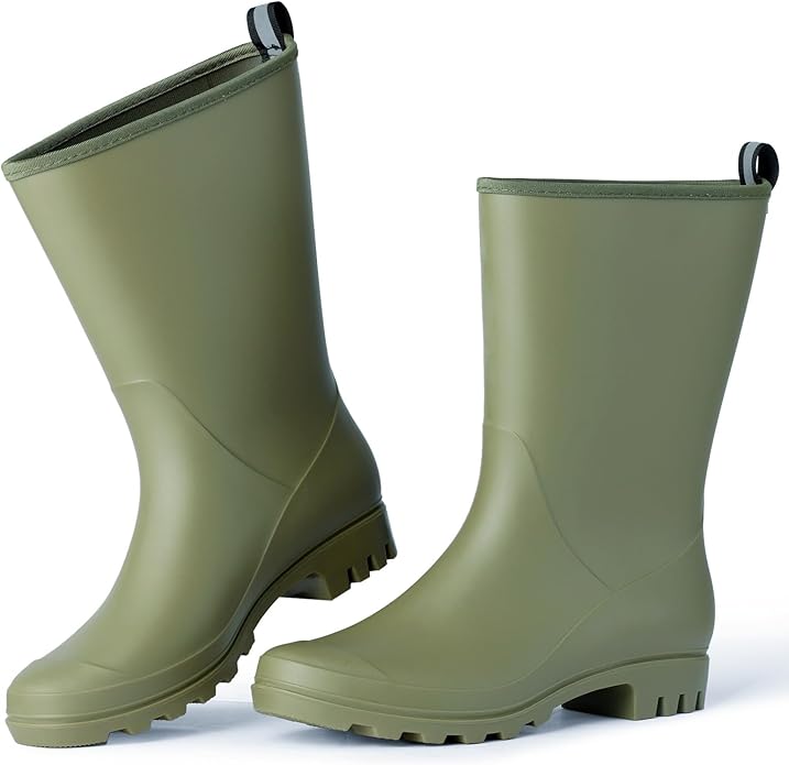 Mid Calf Rain Boots Women Waterproof PVC Womens Rubber Rain Boot Seamless Rain Footwear Outdoor Garden Work Walking