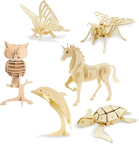 Georgie Porgy 3D Wooden Puzzles for Kids Toys Construction Woodcraft Kits DIY Model Puzzle Kits Birthday Gifts Pack of 6 (Bee Owl Butterfly Unicorn Sea Turtle Dolphin)