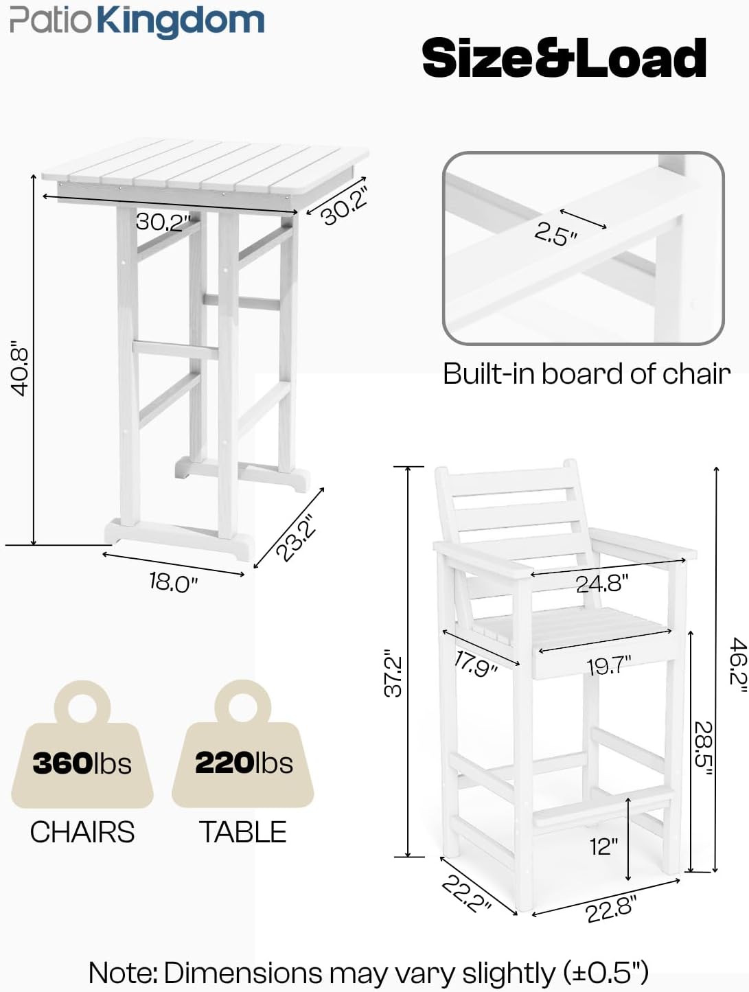3-Piece Outdoor Bar Set with Beige 11FT Cantilever Umbrella, HDPE Tall Balcony Adirondack Chairs and Table, Outdoor Bar Stools for Patio (White)