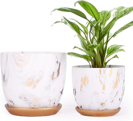 7 Inch Ceramic Plant pots (Set of 2), 7 Inch 5.5 Inch Modern Flower Planter, Gold Marble Gardening Pots with Drainage Hole and Saucer for Outdoor Indoor Yard Garden Home Office Decoration.