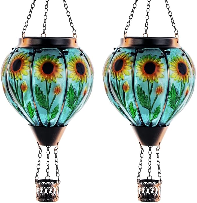 Starsoul 2 PC Sunflowers Hot Air Balloon Solar Lantern with Flame Glass Hanging Outdoor Hot Air Balloon Solar Light Waterproof Garden Patio Yard Party Decorations
