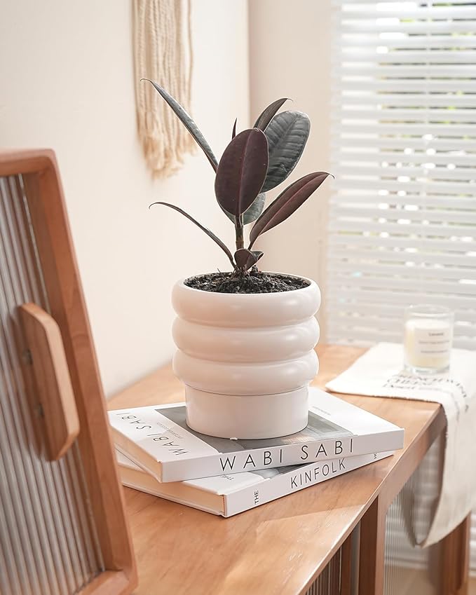 Bubble Ceramic Plant Pots with Drainage Holes and Saucers,6 inch Medium Flower Pots Modern Decor Planter for Indoor Plants(White)