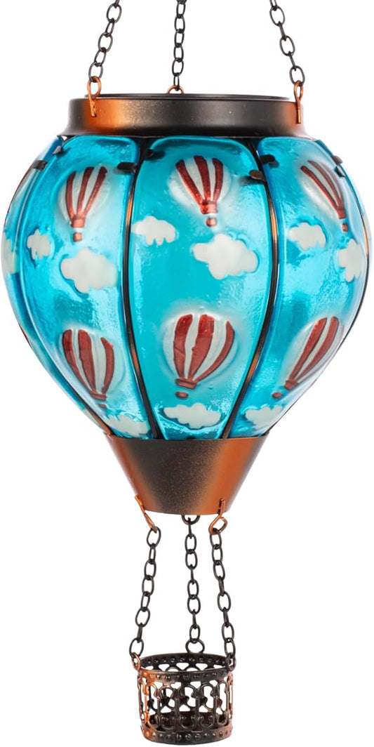 Solar Hot Air Balloon Lantern Flickering Flame, Sky Blue Glass Hot Air Balloon Solar Lantern Outdoor Waterproof, Decorative Hanging Hot Air Balloon Solar Light for Outside Garden Patio Yard