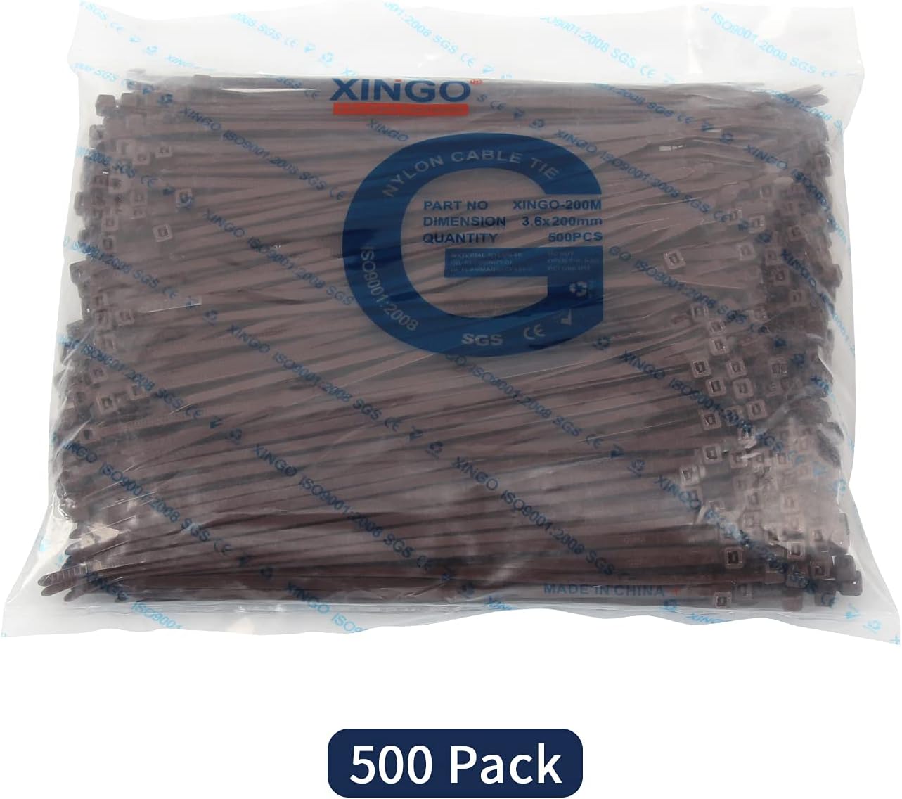 XINGO 8 Inch Brown Cable Zip Ties (500 Pack), 40 Lbs Tensile Strength-Heavy Duty, Self-Locking Nylon Plastic Nylon Wire Ties for indoor and outdoor use
