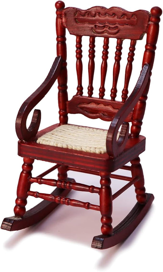 Dollhouse Miniature Rocking Chair 1:12 Scale Wooden Furniture Accessories Tiny Mini House Home Outdoor Cake Topper Decoration Model Living Room Scene Christmas Craft Displays (Red)