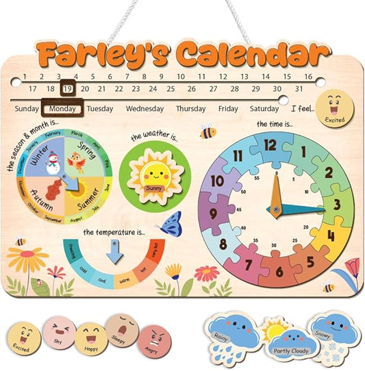 Interactive Calendar for Kids Ages 3+, Wooden Toddler Calendar, Teaching Seasons, Years, Months, Days of Week, Daily Activity Calendars for Kid Preschool & Homeschool (03 - Custom Name)