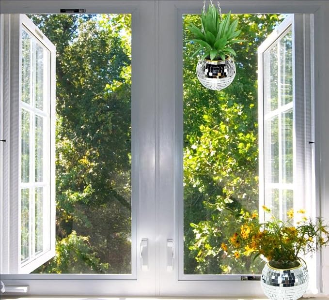 2Pcs Disco Ball Planter, 6"/8" Disco Planter with Hanging Chain & Hook & Ring Stand, Disco Ball Plant Hangers for Indoor and Outdoor Plants, Hanging Plant Holder (2Pcs 6", Silver)