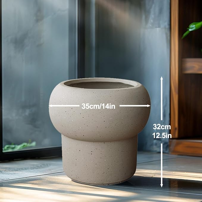 12.5" H x 14" Dia Large Concrete Planter-Heavyweight Outdoor Cement Flower Pot with Mushroom-Shaped Design for Patio, Garden, Porch, or Indoor Use-Modern Decorative Plant Container
