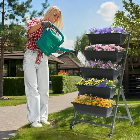Indoor Outdoor Vertical Garden Planter, 5-Tier Planting Pot, Elevated Garden Planting Bed for Flowers Vegetable Plants, Garden Balcony Lawn, Black