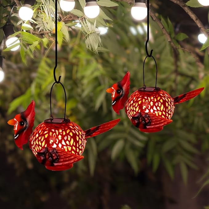 2 Pack Cardinal Solar Lanterns Outdoor Hanging with Handle, Metal Tabletop Solar Lanterns Outdoor Waterproof, LED Light Solar Lantern for Table Pathway Patio Yard Christmas Gifts