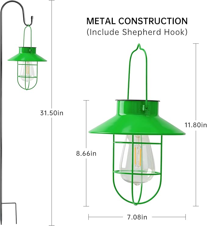 Solar Lights Lantern Lamp with Shepherd Hook, Solar Metal Lanterns, Outdoor Lights Decor,Edison Bulb Lights for Garden ,Outside Decor for Pathways,Patio, Lawn, or Landscaping(Green)