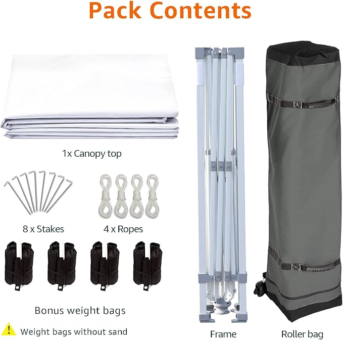 Amazon Basics Outdoor Pop Up 10 x 10 Canopy Tent for Events, Portable with Easy Setup, One-Push, Includes Wheeled Carry Bag, 8 Pegs, 4 Ropes, 4 Weighted Bags, White