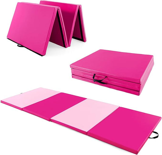 Giantex 4'x10'x 2" Gymnastics Mat, 4-Panel Folding Aerobics Exercise Mat w/Hook & Loop Fastener, Carrying Handle, Portable Tumbling Mat for Stretching Yoga Cheerleading Martial Arts