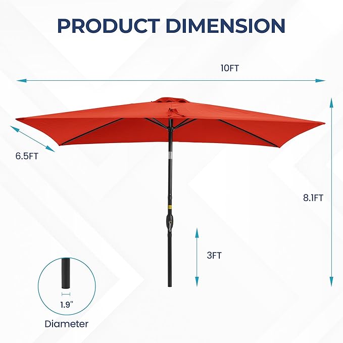 SUNVIVI OUTDOOR Patio Umbrella, 6.5' x 10' Rectangular Patio Umbrella, Metal Pole Square Outdoor Umbrella with Crank and Push Button Tilt, 6 Steel Ribs, Polyester Canopy