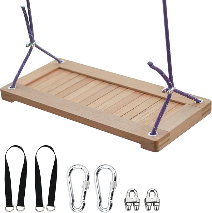 Teak Wooden Swing, Outdoor Wood Tree Swing Seat for Kids or Adults for Backyard Columpio, Height Adjustable (19.8x9inch)