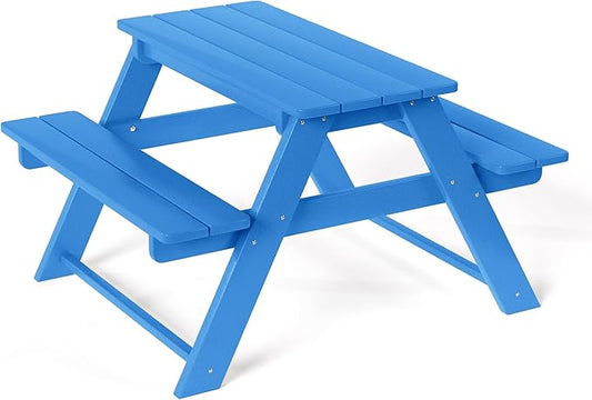 Costaelm Kids Picnic Table, HDPE All Weather Outdoor Toddler Picnic Table and Chair Set Kids Bench for Patio, Backyard, Garden, Lawn, Pacific Blue