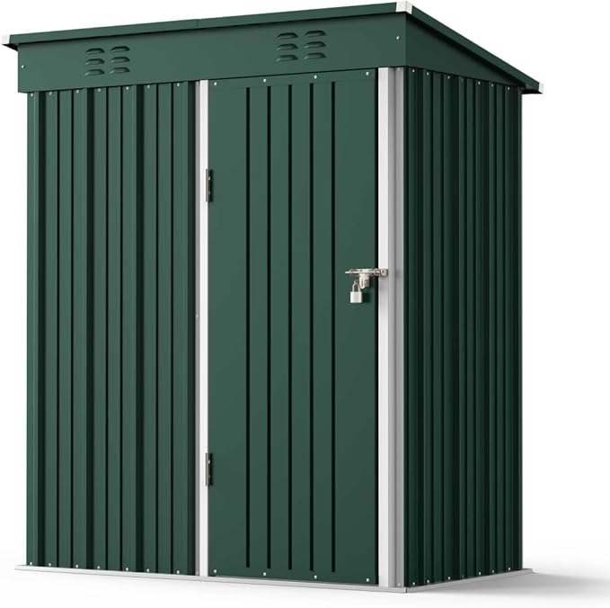 Gizoon 5' x 3'Outdoor Storage Shed with Singe Lockable Door,Galvanized Metal Shed with Air Vent Suitable for The Garden,Tiny House Storage Sheds Outdoor for Backyard Patio Lawn-Green