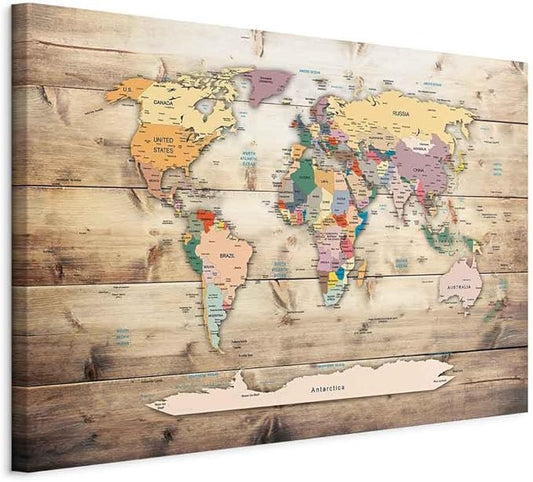 artgeist Canvas Wall Art Print World Map 35x24 in - 1pcs Home Decor Framed Stretched Picture Photo Painting Artwork Image World Travel Map Wood k-B-0009-b-b