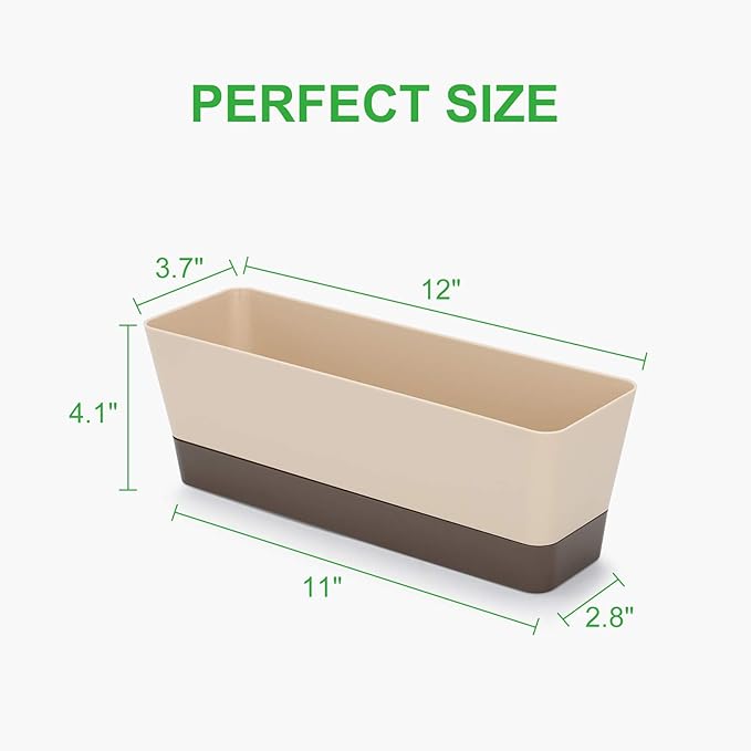 GROWNEER 3 Packs 12 Inches Window Boxes Rectangle Planter Long Pots with 15 Pcs Plant Labels Plastic Flower Plant with Saucer for Windowsill Garden Balcony Home Indoor Outdoor (Beige)