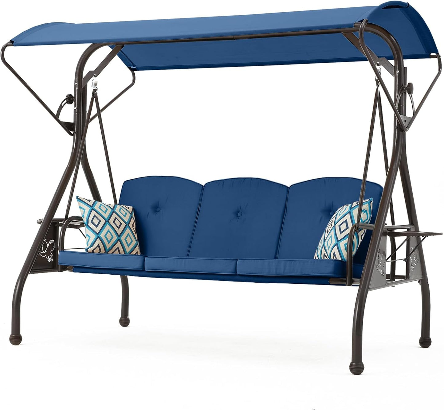 800LBS Patio Swing with Canopy 3 Seat Outdoor Porch Swing with Stand w/Cup Holder & Pillow Glider Chair Swing Bed for Patio Backyard Poolside (Blue)