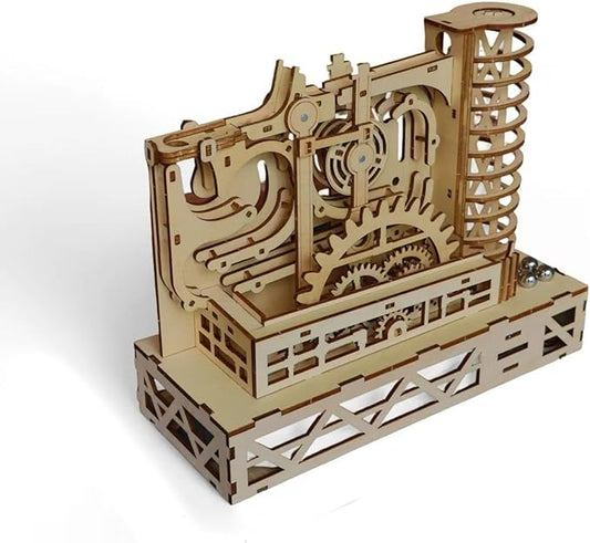 3D Wooden Mechanical Marble Run Puzzle Kit, Natural Wood Color, DIY Assembly Model, Educational Construction Set
