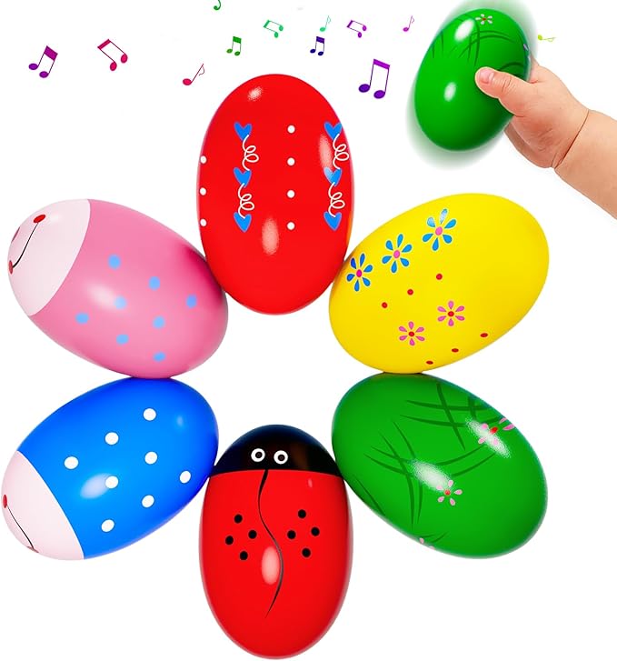 6 Pack Wooden Percussion Musical Shaker, Toddlers Stocking Stuffers 1-3 Year Old, Christmas Stocking Stuffers, Eggs Shakers Christmas Eggs Montessori Toys for Kids Boys Girls