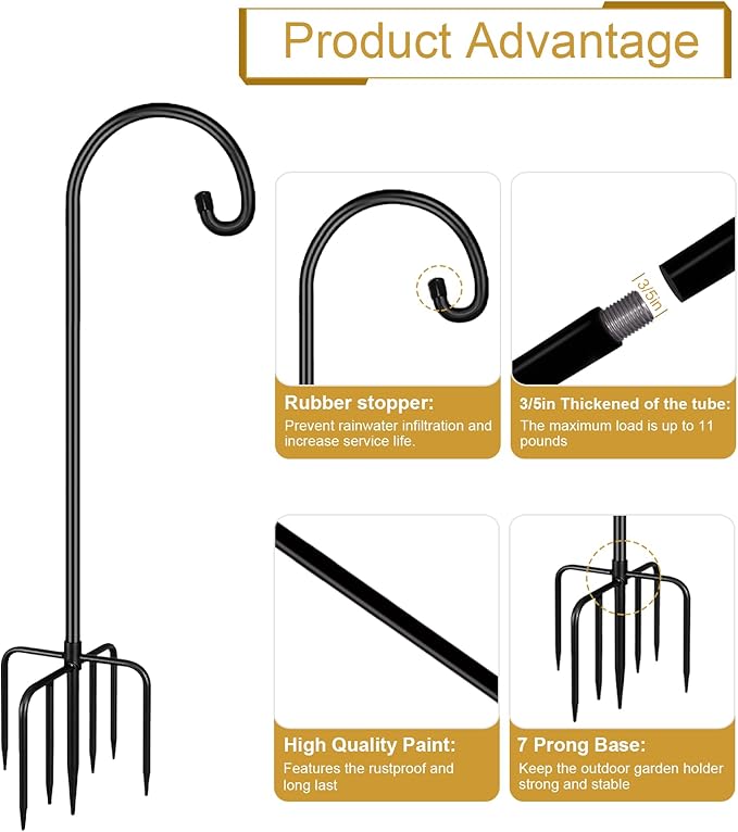 Shepherd Hook 60 Inch Tall Heavy-Duty Metal Garden Hanging Pole Stake for Bird Feeder Pole Plant Baskets, Black (2 Pack)