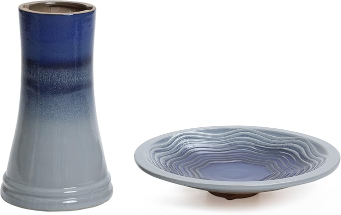 LuxenHome 18 Inch Ceramic Bird Bath for Outside, Elegant Tall Outdoor Bird Bath, Lightweight Pedestal Glazed Birdbaths for Outdoors with Swirl Pattern, Ombre Blue