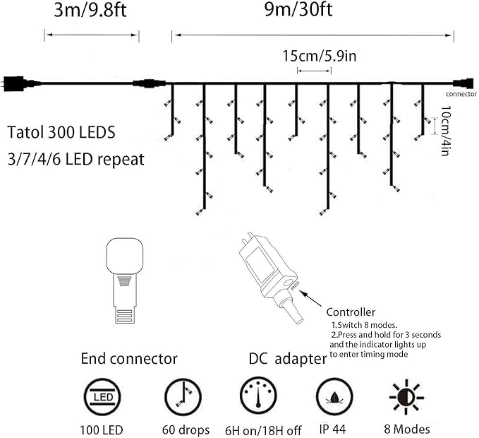 YASENN 300Led Icicle Style String Lights 29.5FT,Update Connectable 8 Lighting Modes with Timer Icicle Lights for Home Garden Outdoor Indoor Eave Decor (Warm White LED White Cable)