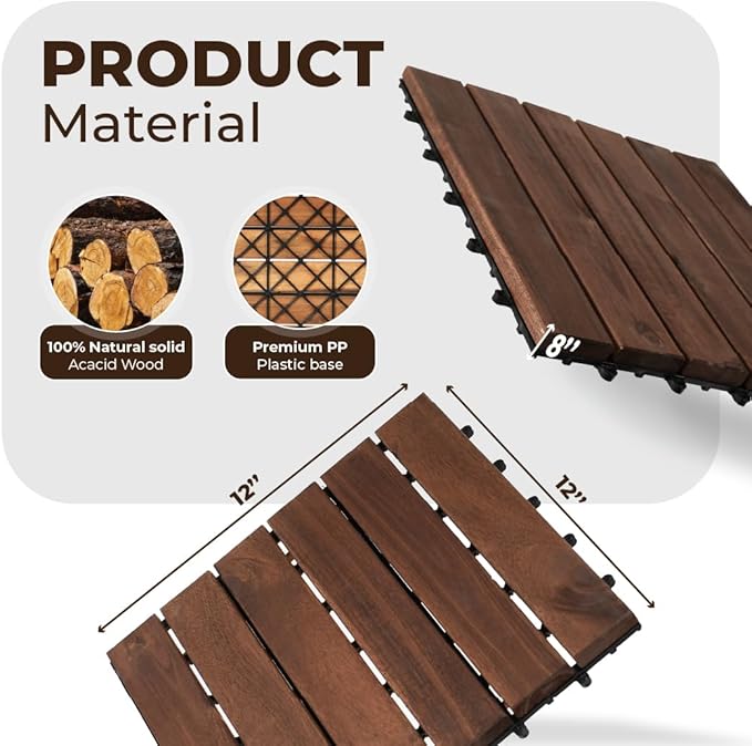Pack of 10 Deck Tiles - 12"x12" Interlocking Natural Solid Acacia Wood for Outdoor & Indoor, Patio Garden, Balcony, Poolside - Brown Color