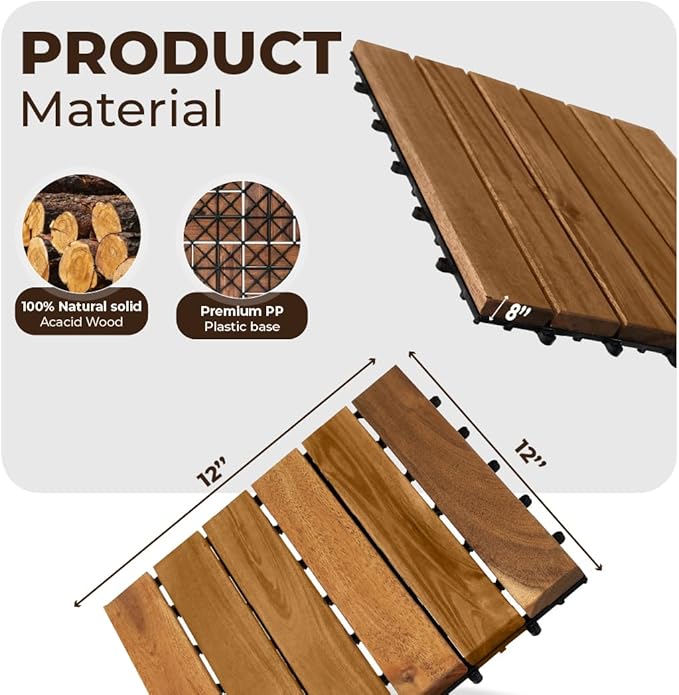 Pack of 10 Deck Tiles - 12"x12" Interlocking Natural Solid Acacia Wood for Outdoor & Indoor, Patio Garden, Balcony, Poolside - Natural6 Color