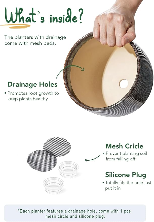 LE TAUCI Ceramic Plant Pots, 5.1 + 6.4 Inch Footed Pots for Plants, Modern Flower Pots for Home and Office, Indoor Planters with Drainage, Reactive Glaze Black