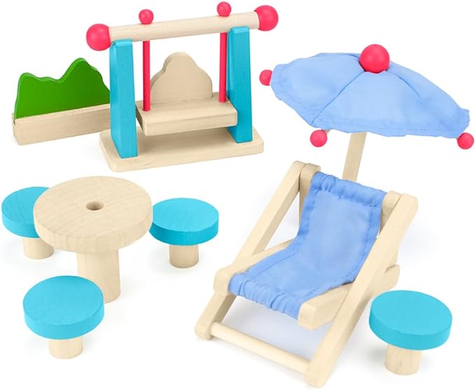 Wooden Dollhouse Furniture|Made of Safe Wood and Bright Water-Based Paint|Compatible with Most Doll Houses|Outdoor Patio