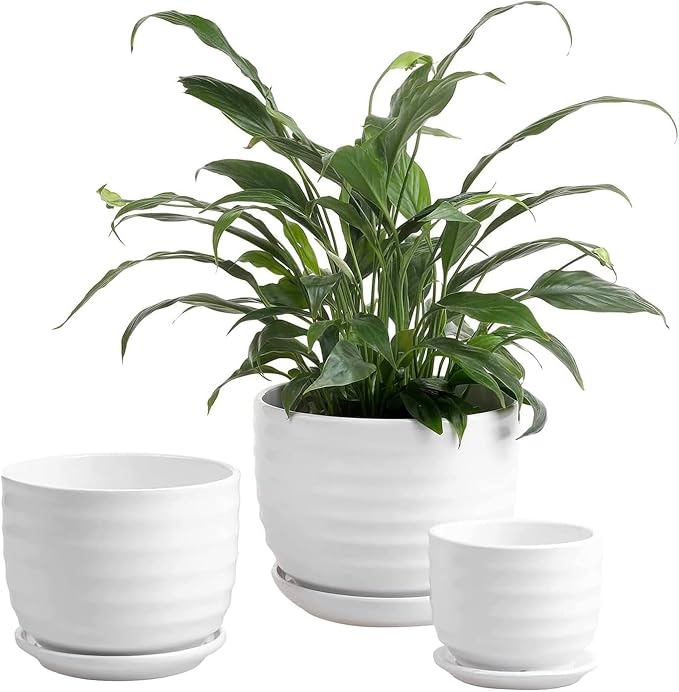 MyGift Modern Ribbed White Ceramic Indoor Plant Pot with Drainage Hole and Attached Saucer, Small Succulent Planter, Set of 3