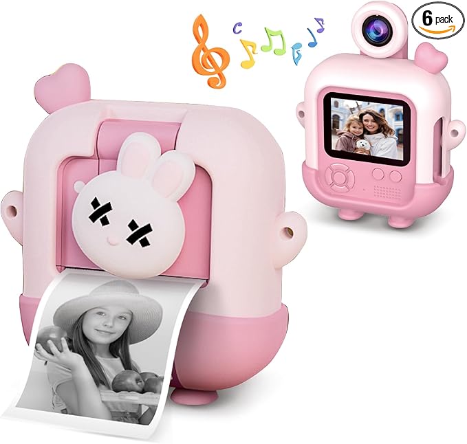 Kids Camera Instant Print with Cartoon Silicone Cover, Digital Mini Camera for 3 4 5 6 7 8 9 10 11 12 Year Old Boys Girls Birthday Chirstmas Toys Gifts - Personal Video Players (Bunny Pink)