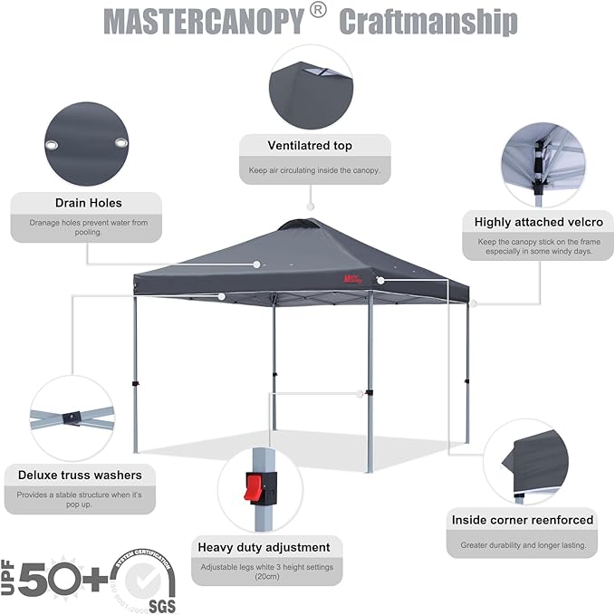 MASTERCANOPY Durable Pop-up Canopy Tent with Roller Bag (8x8, Dark Grey)
