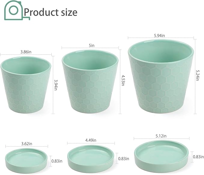 Plant Pot –4”+5”+6” inch Ceramic Pots for Plants with Drainage Holes and Ceramic Tray - Gardening Home Desktop Office Windowsill Decoration Gift Set 3 - (Mint Green)