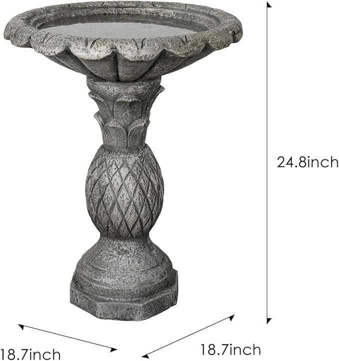 SunJet 24.8 Inch Heigh Concrete Bird Bath with Pineapple Texture – birdbath Sturdy & Elegant Design, Vintage Freestanding Style, Attracts Birds and Enhances Garden, Patio, Yard, Lawn Décor