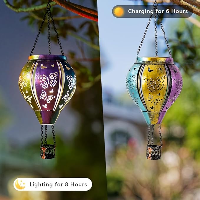 Solar Hot Air Balloon Lantern Outdoor Waterproof, Hanging Solar Lantern Outdoor Butterfly Decorations for Garden Yard Patio Lawn, Butterfly Lights Gifts for Women Grandma Nana