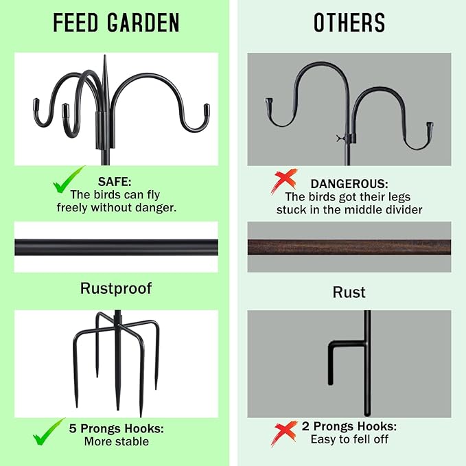 FEED GARDEN [Upgrade Version 76 Inch Three Shepherd Hooks for Outdoor,Bird Feeder Pole with 5 Prong Base, Adjustable Shepard Hooks for Hanging Plant, Solar Lanterns, Wind Chimes, 2 Pack