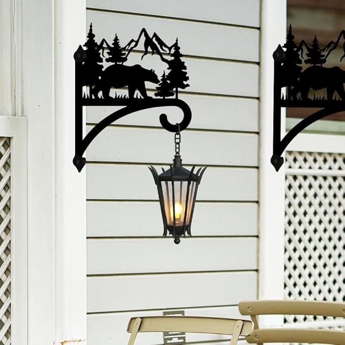 peacoblue Iron Plant Hanger Hook for Outdoor Indoor Hanging Plant Flower Fern Pot Lantern Bird Feeder,12"x15" Weather Resistant Metal Wall Holder for Porch Garden Farmhouse(Forest Bear and Mountain)