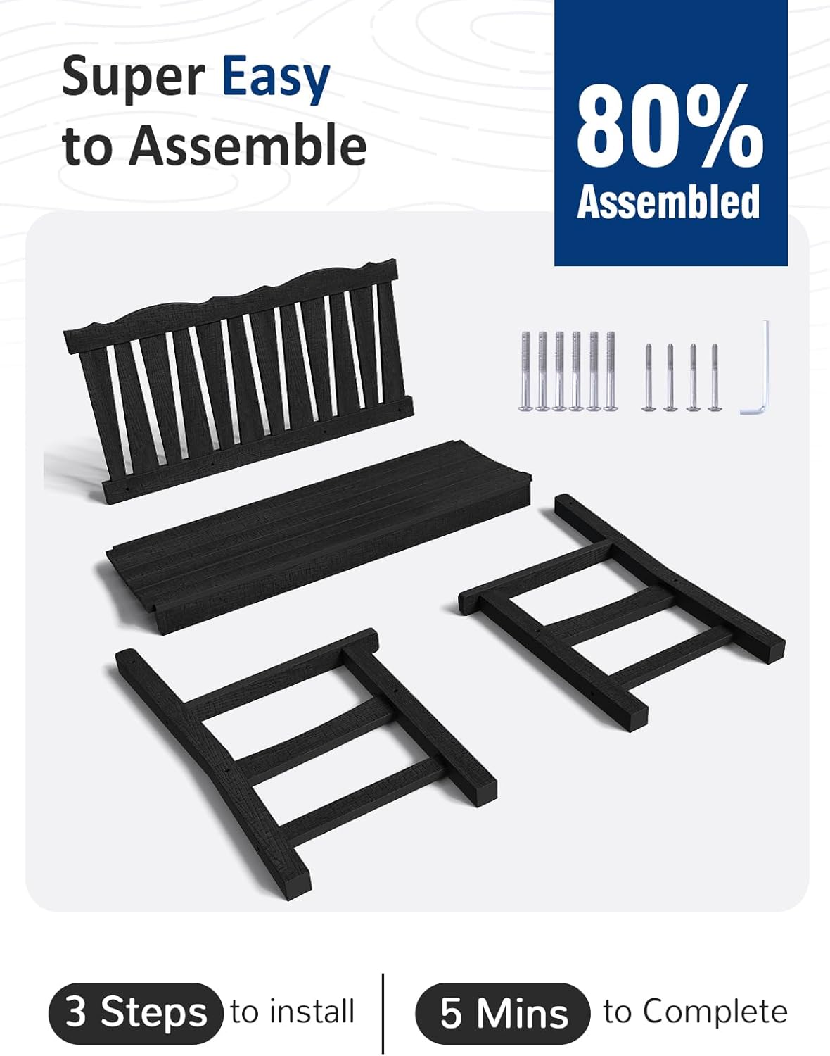 Patio Chairs Set, Weatherproof HIPS Outdoor Furniture, Include 2 Patio Dining Chairs + Outdoor Bench, Suit for Garden, Porch, Lawn & Backyard (Black)