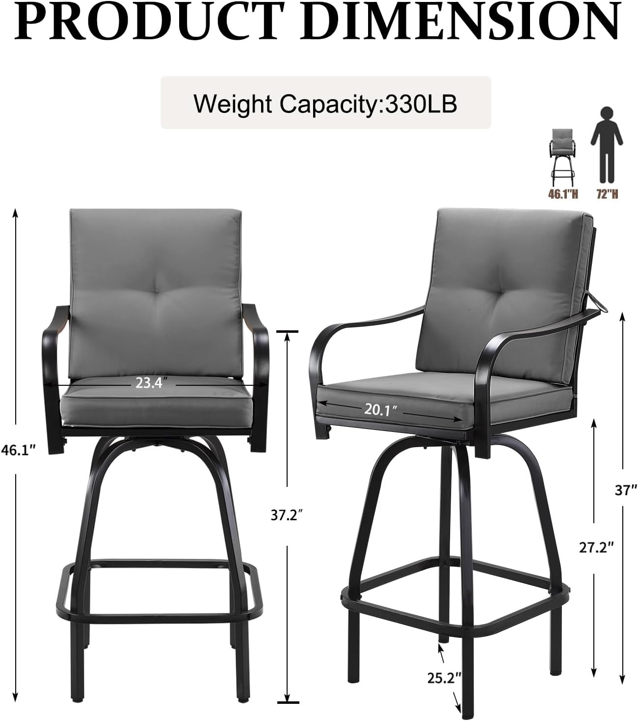 Patio Swivel Bar Stools, Outdoor High Back Swivel Bar Stool Chair Set of 2 with Cushion & All Weather Steel Frame, Dark Gray