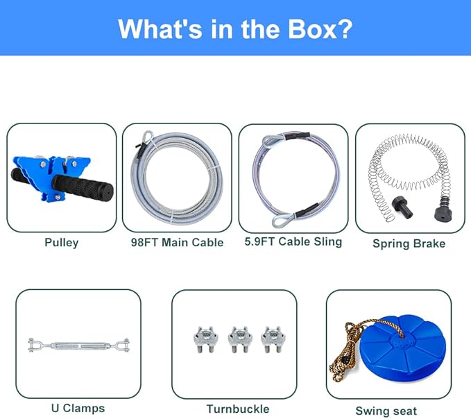 X XBEN Zip line Kits for Backyard 98FT, Zip Lines for Kid and Adult, Included Swing Seat, Ziplines Brake, and Steel Trolley, Outdoor Playground Equipment