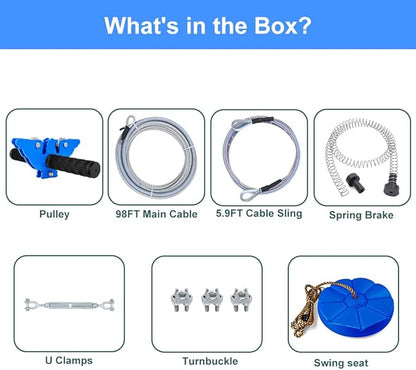 X XBEN Zip line Kits for Backyard 98FT, Zip Lines for Kid and Adult, Included Swing Seat, Ziplines Brake, and Steel Trolley, Outdoor Playground Equipment