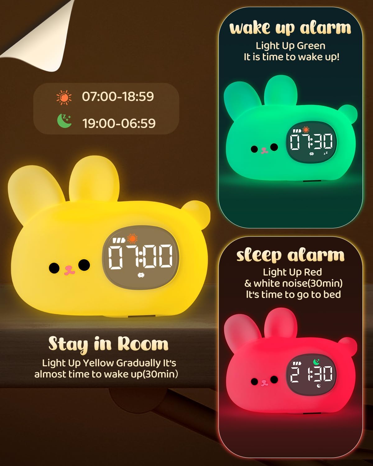 Bunny Alarm Clock for Kids with Night Light, Sleep Training Clock Time to Wake Clock, Rechargeable Silicone Light for Bedroom, Perfect Sleep Companion for Boys Girls